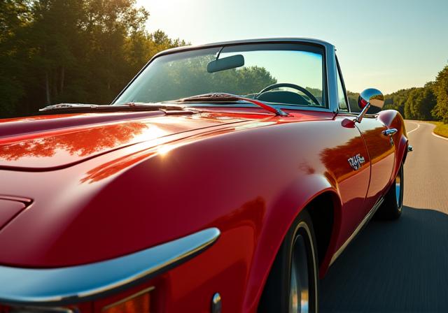 A pristine red classic convertible from the 1960s.