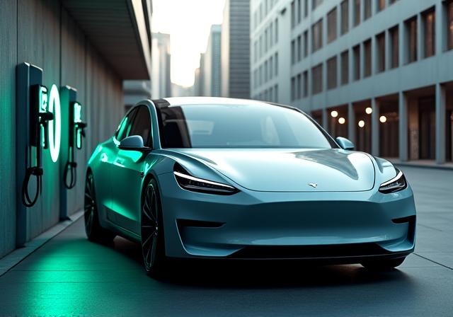 A sleek, futuristic electric sedan charging at a station.