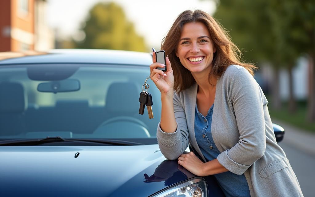 A happy woman leaning against her new, clean car with keys in hand.