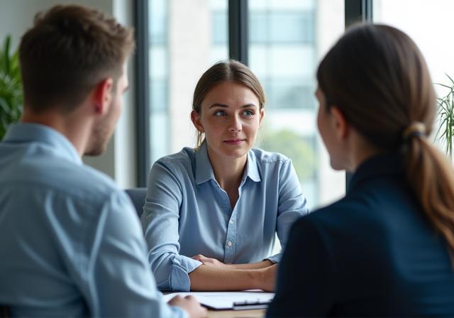 A consultant attentively listening to a client in a modern office.