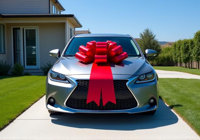 A new car with a large red bow on it parked in a driveway.