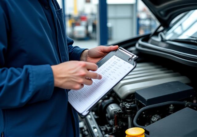 An expert inspecting a car's engine bay with a checklist.